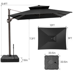 12x9 ft Aluminum Cantilever Patio Umbrella with Double Top (Base Options)