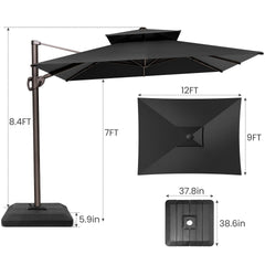 12x9 ft Aluminum Cantilever Patio Umbrella with Double Top (Base Options)