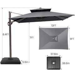 12x9 ft Aluminum Cantilever Patio Umbrella with Double Top (Base Options)