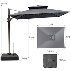 12x9 ft Aluminum Cantilever Patio Umbrella with Double Top (Base Options)