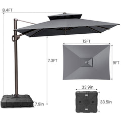 12x9 ft Aluminum Cantilever Patio Umbrella with Double Top (Base Options)