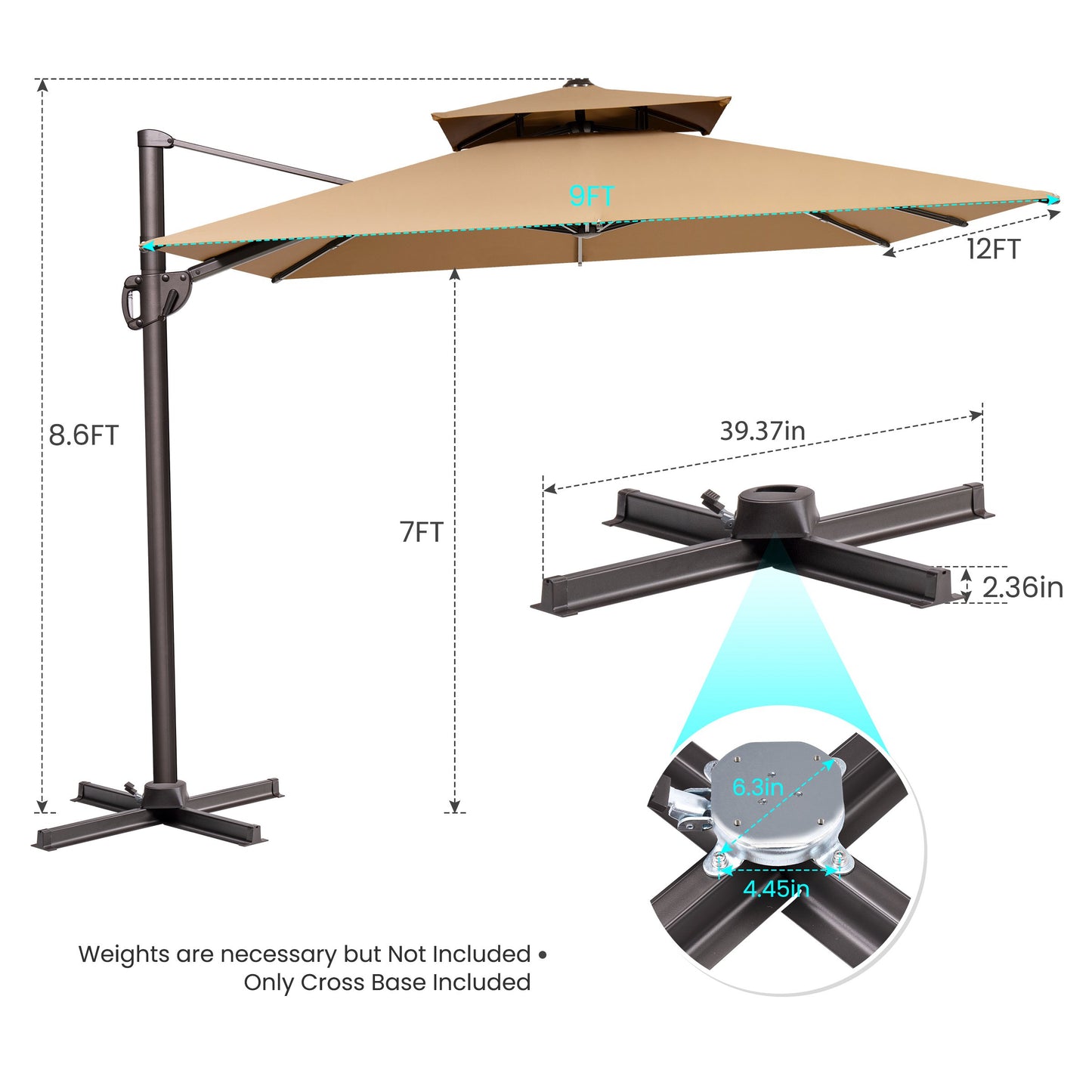 Crestlive Products 12x9ft Aluminum Double Top Crank Cantilever Patio Umbrella with Base