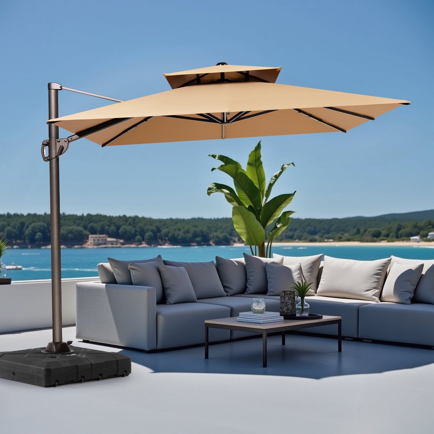 Crestlive Products 12x9ft Aluminum Double Top Crank Cantilever Patio Umbrella with Base