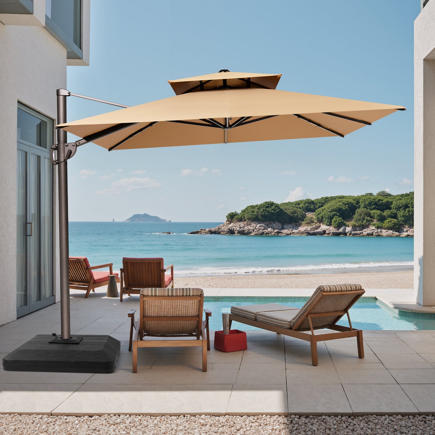 Crestlive Products 9x12ft Aluminum Dual Top Crank Cantilever Patio Umbrella with Base