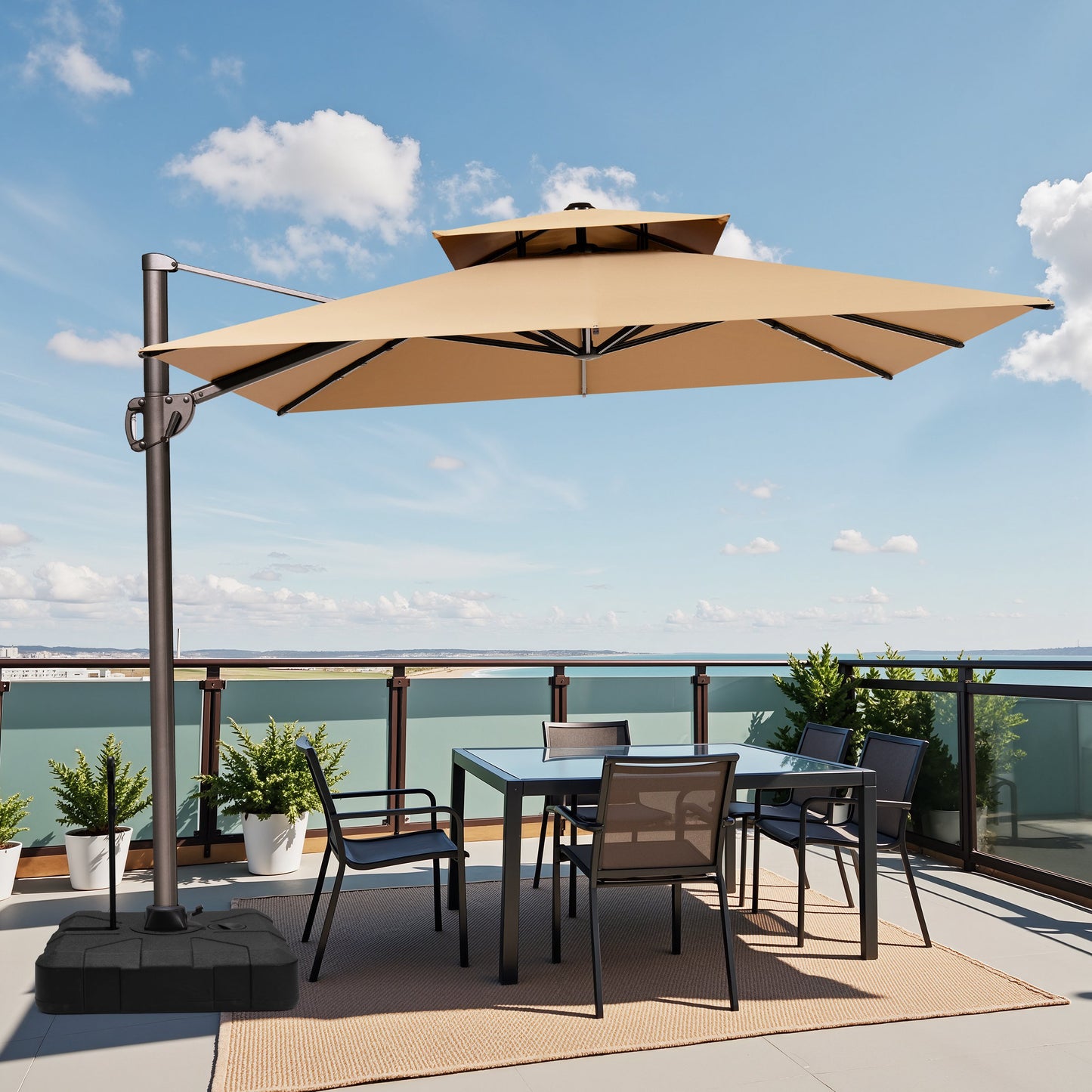 Crestlive Products 9x11ft Aluminum Double Top Crank Cantilever Patio Umbrella with Base
