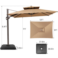 12x9 ft Aluminum Cantilever Patio Umbrella with Double Top (Base Options)