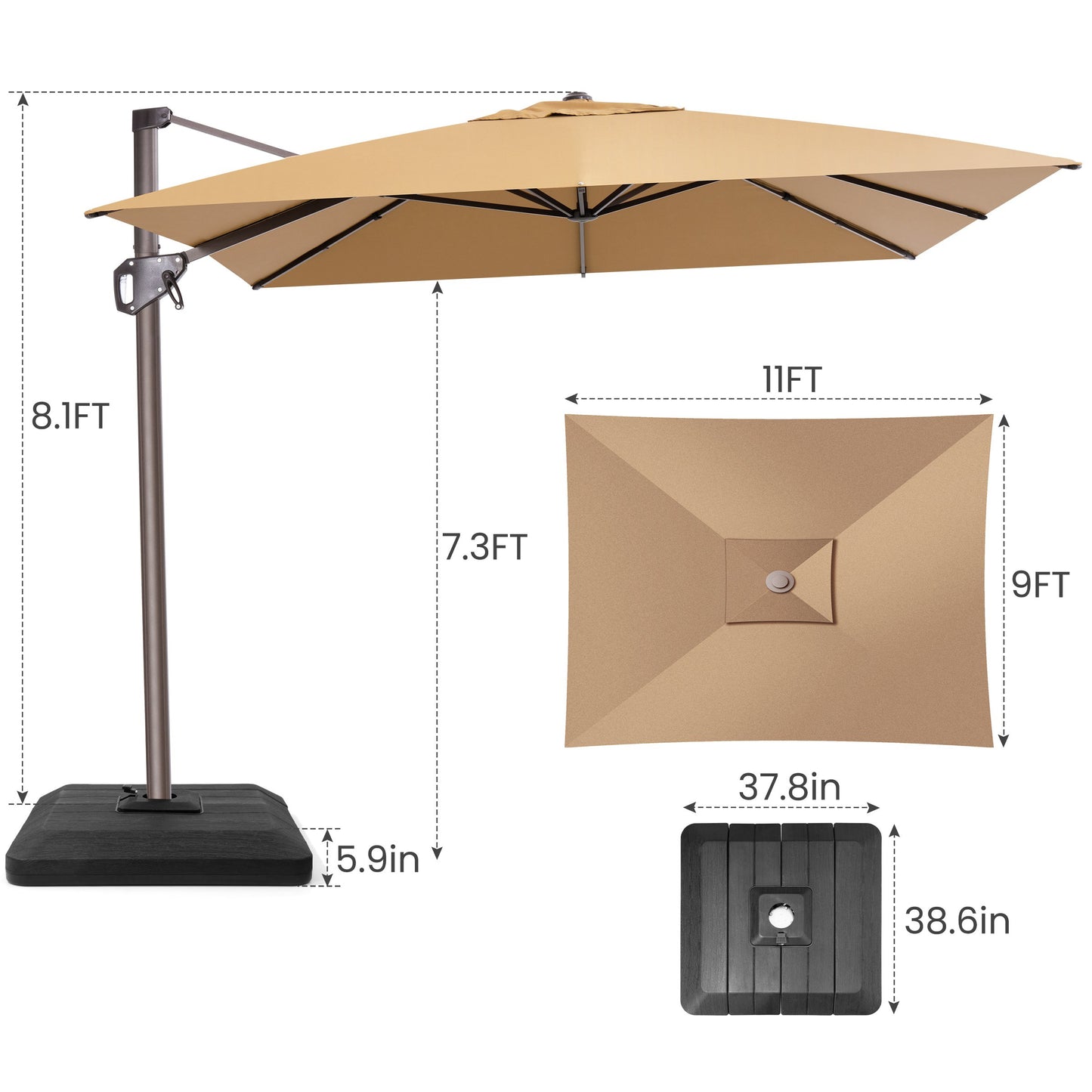 Crestlive Products 9x11ft Aluminum Crank Cantilever Patio Umbrella with Base