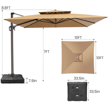 Crestlive Products 10x10ft Aluminum Double Top Crank Cantilever Patio Umbrella with Base