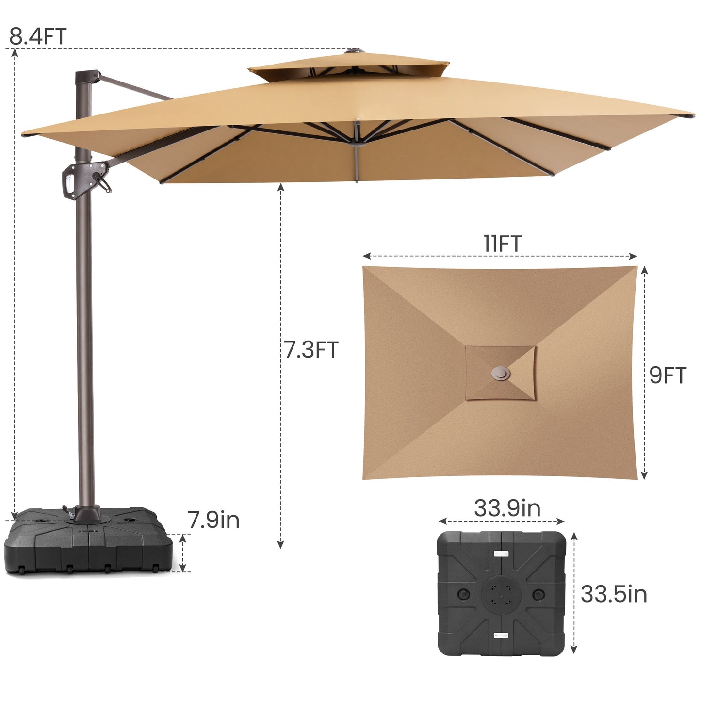 Crestlive Products 9x11ft Aluminum Dual Top Crank Cantilever Patio Umbrella with Base