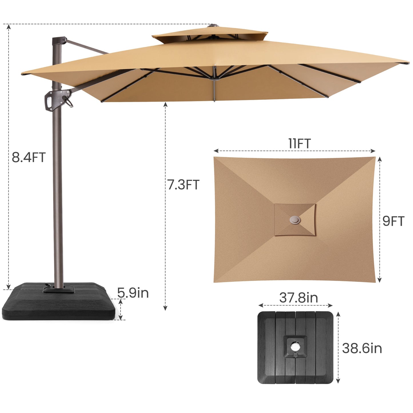 Crestlive Products 9x11ft Aluminum Dual Top Crank Cantilever Patio Umbrella with Base