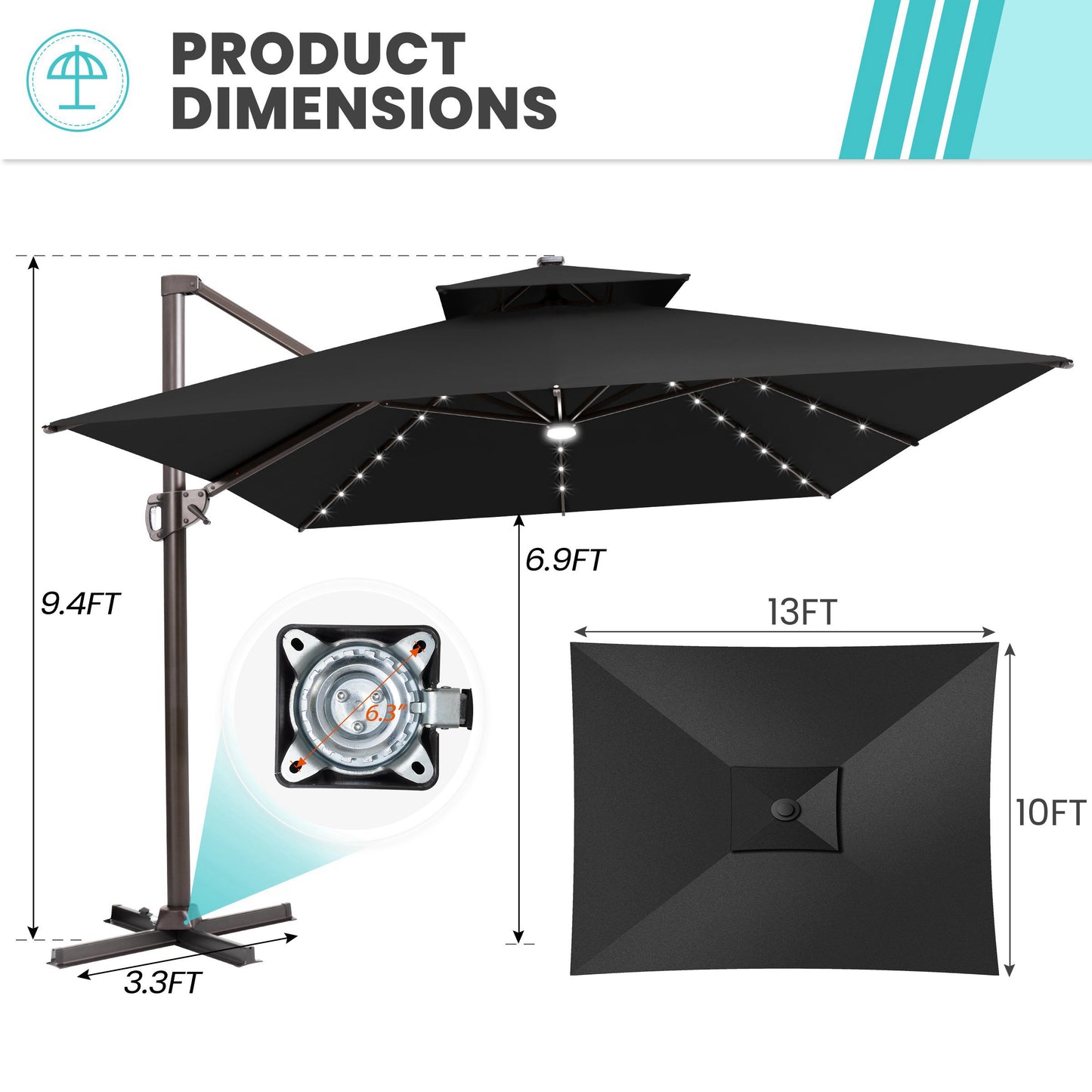 Crestlive Products 10x13ft Aluminum Crank Cantilever Patio Umbrella with Lights withnot Base