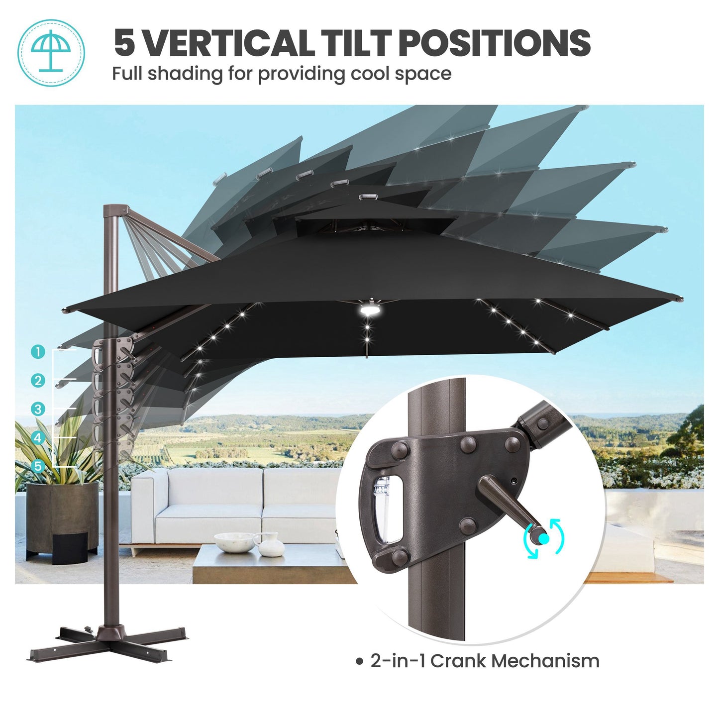 Crestlive Products 10x13ft Aluminum Crank Cantilever Patio Umbrella with Lights withnot Base