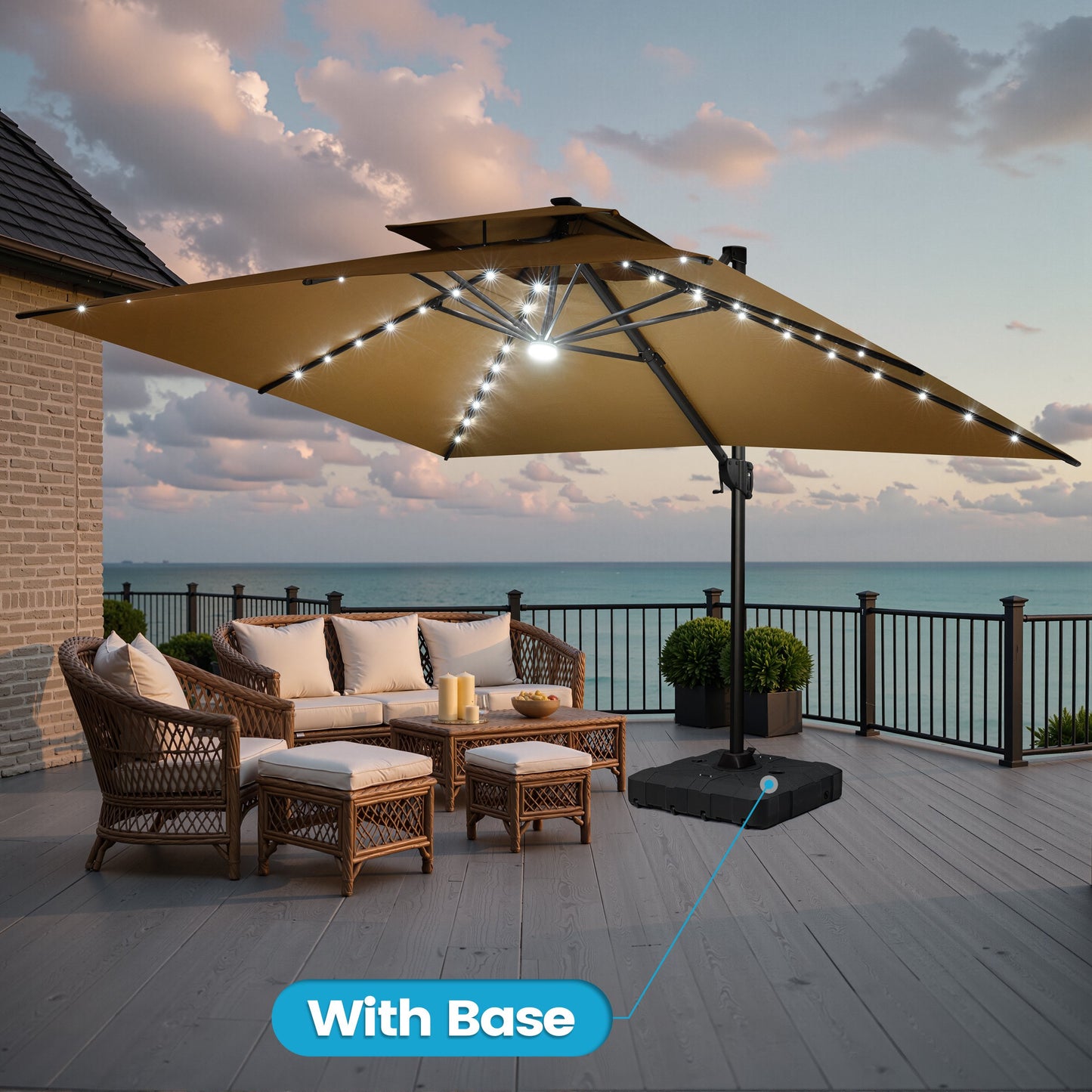 Crestlive Products 10x13ft Aluminum Double Top Crank Cantilever Patio Umbrella with Lights with Base