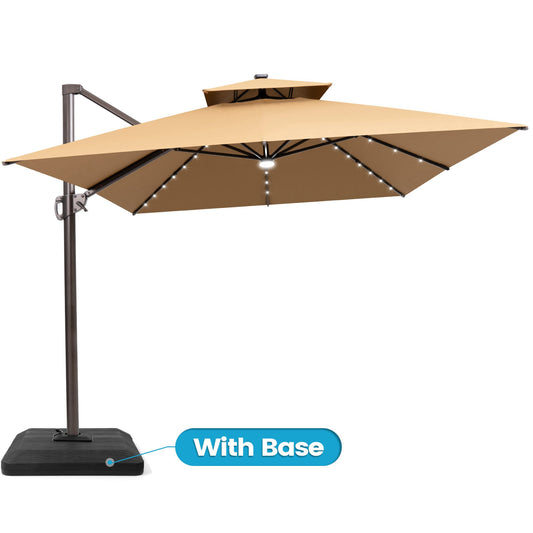 Crestlive Products 10x13ft Aluminum Double Top Crank Cantilever Patio Umbrella with Lights with Base
