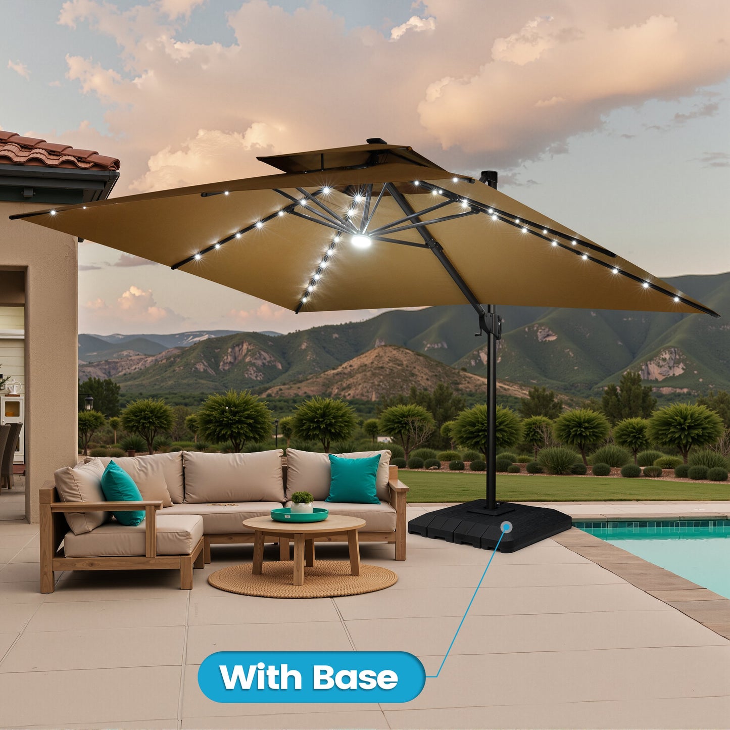 Crestlive Products 10x13ft Aluminum Double Top Crank Cantilever Patio Umbrella with Lights with Base