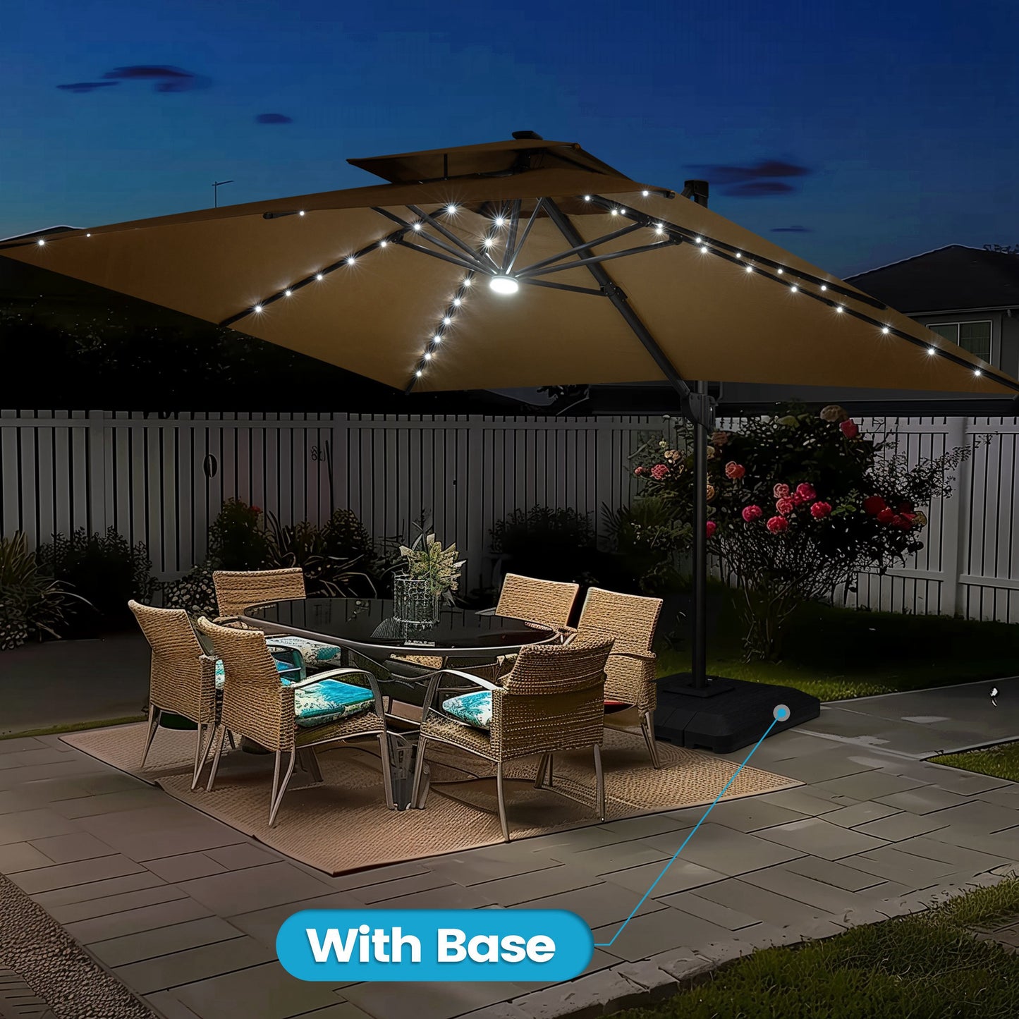 Crestlive Products 10x13ft Aluminum Double Top Crank Cantilever Patio Umbrella with Lights with Base