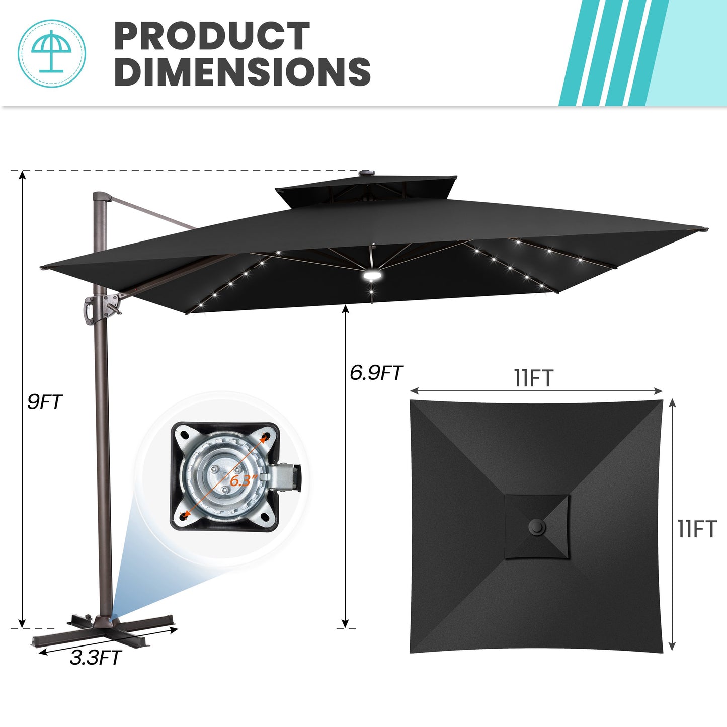 VredHom 9 x 11ft Outdoor Rectangular Dual Top Cantilever Patio Umbrella LED Light