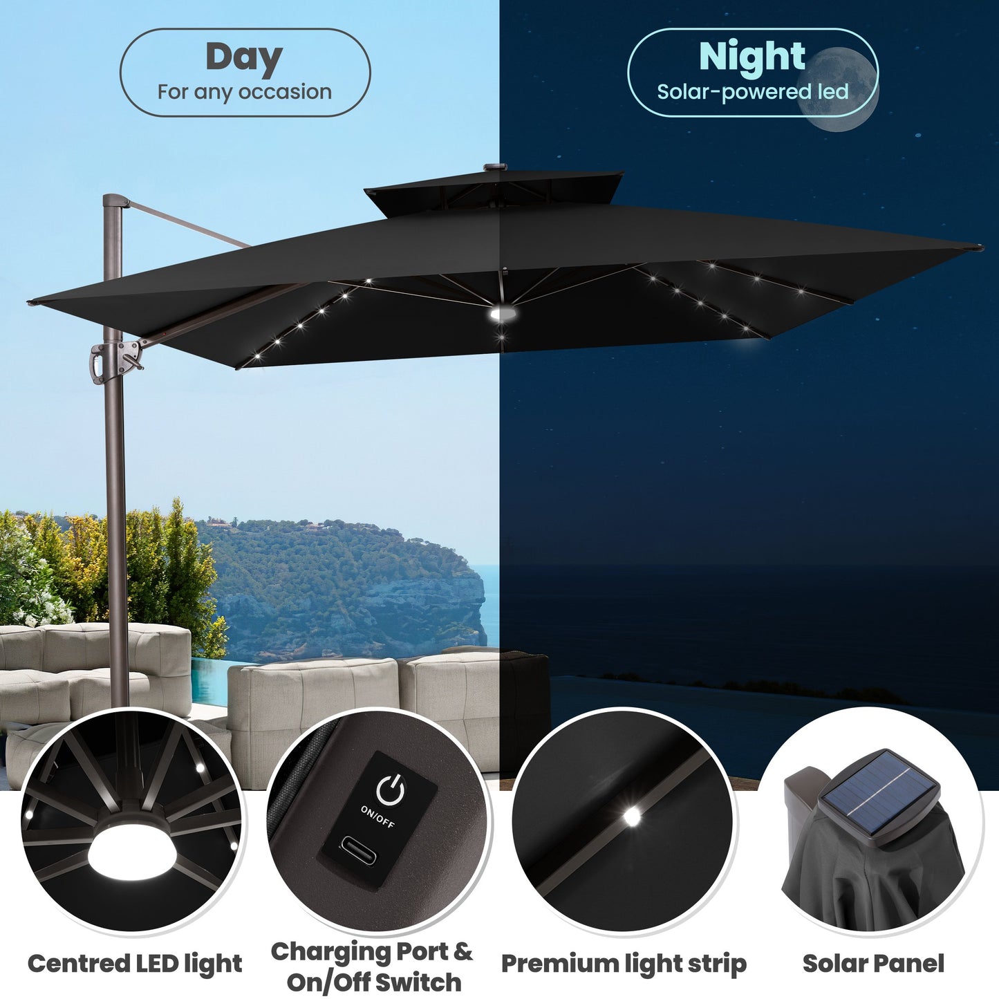 VredHom 9 x 11ft Outdoor Rectangular Dual Top Cantilever Patio Umbrella LED Light
