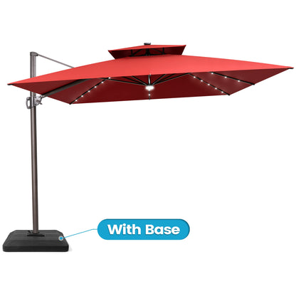 Crestlive Products 11x11ft Aluminum Double Top Crank Cantilever Patio Umbrella with Lights with Base