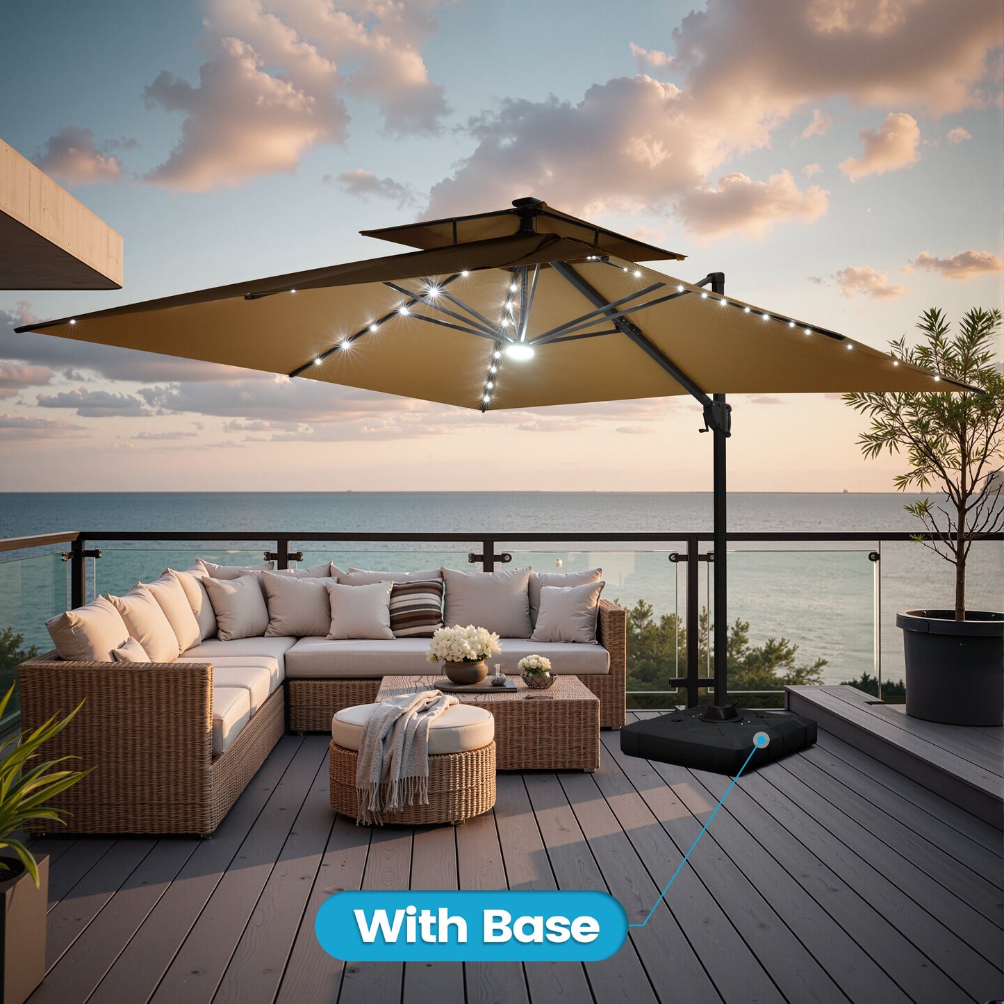 Crestlive Products 11x11ft Aluminum Cantilever Patio Umbrella with Lights with Base