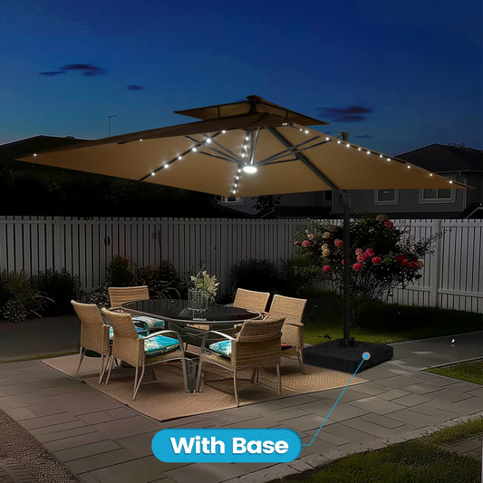Crestlive Products 11x11ft Aluminum Cantilever Patio Umbrella with Lights with Base