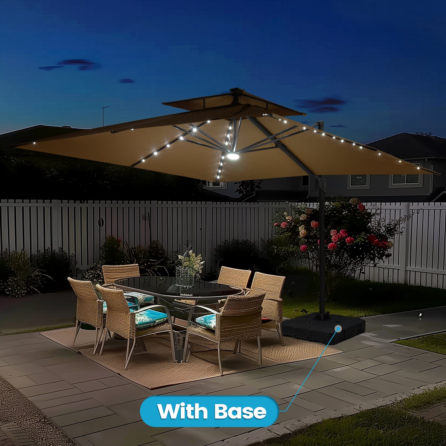Crestlive Products 11x11ft Aluminum Cantilever Patio Umbrella with Lights with Base