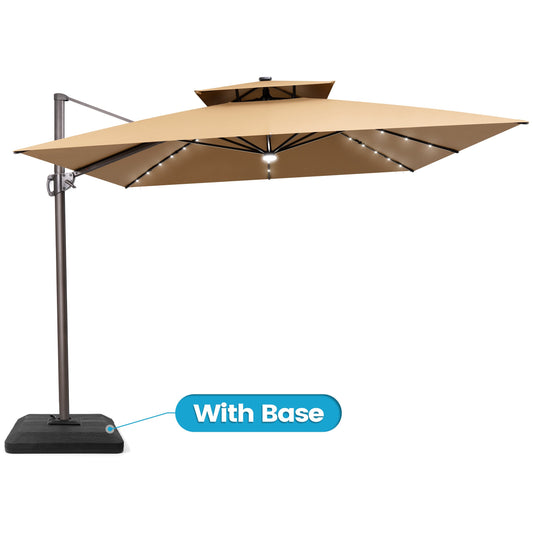 Crestlive Products 11x11ft Aluminum Double Top Crank Cantilever Patio Umbrella with Lights with Base