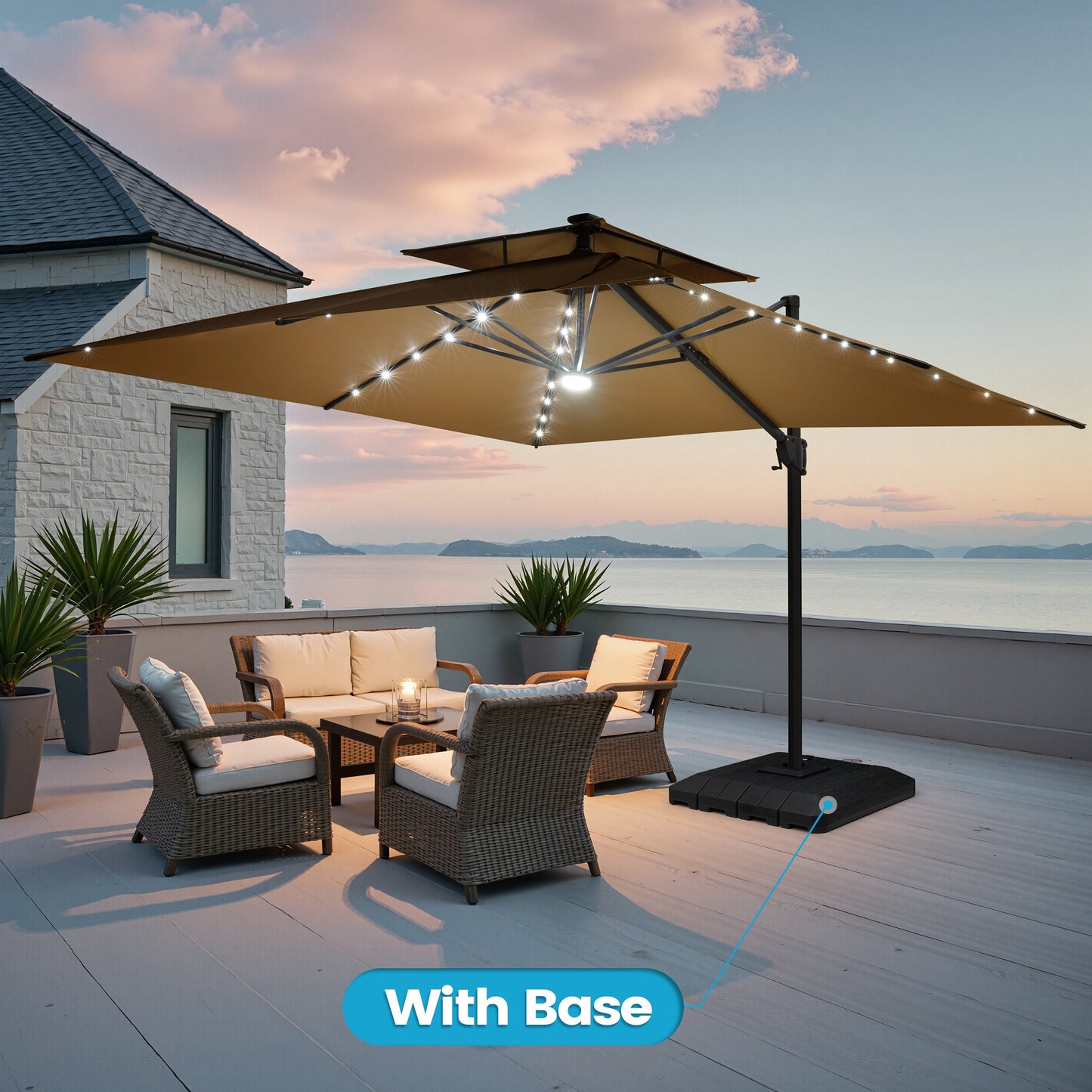 Crestlive Products 11x11ft Aluminum Double Top Crank Cantilever Patio Umbrella with Lights with Base