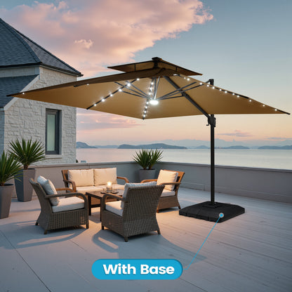 Crestlive Products 11x11ft Aluminum Double Top Crank Cantilever Patio Umbrella with Lights with Base