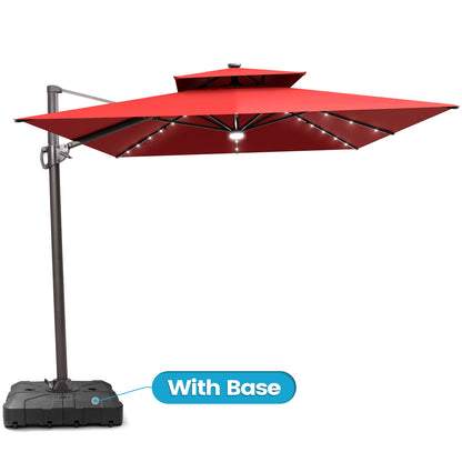 Crestlive Products 9x11ft Aluminum Double Top Crank Cantilever Patio Umbrella with Lights with Base