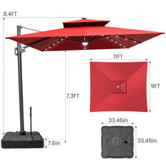 11x9 ft Aluminum Cantilever Patio Umbrella with LED Lights & Double Top (Base Options)