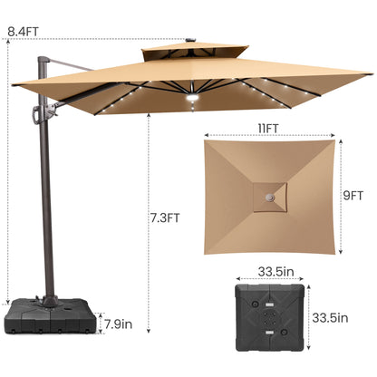 Crestlive Products 9x11ft Aluminum Crank Cantilever Patio Umbrella with Lights with Base