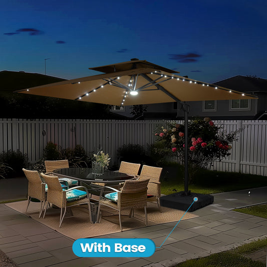 Crestlive Products 9x11ft Aluminum Crank Cantilever Patio Umbrella with Lights with Base