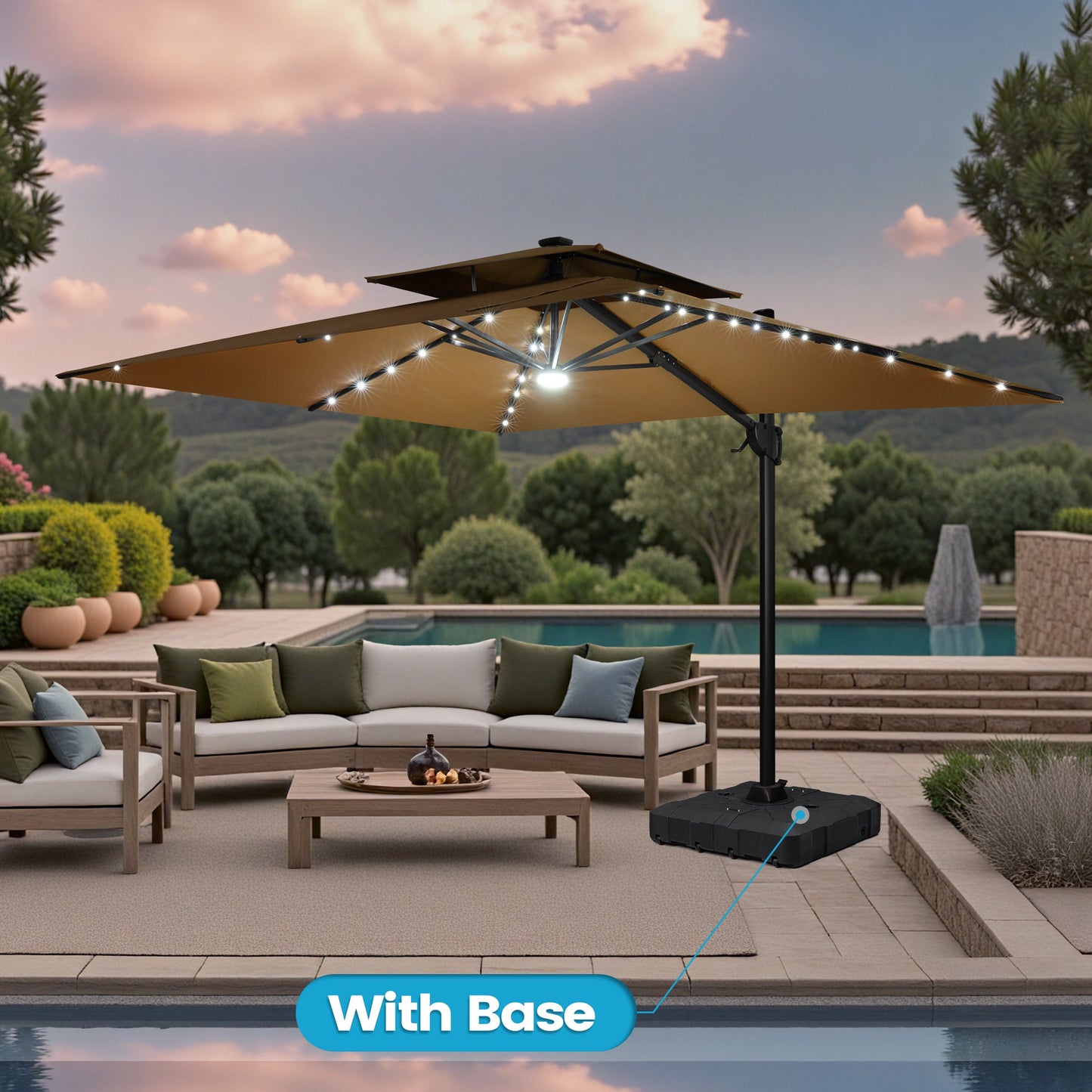 Crestlive Products 9x11ft Aluminum Double Top Crank Cantilever Patio Umbrella with Lights with Base