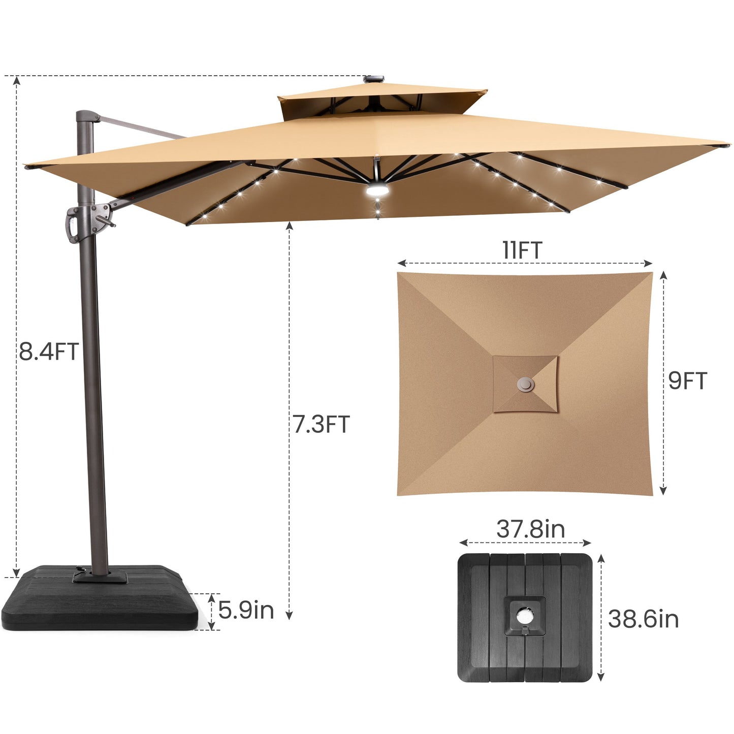 Crestlive Products 9x11ft Aluminum Cantilever Patio Umbrella with Lights with Base