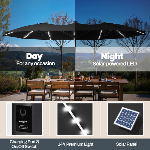 Crestlive Products 15 x 9 ft Aluminum Market Umbrella with Crank and Solar LED Lights