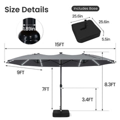 15x9 ft Aluminum Market Umbrella with Solar LED Lights