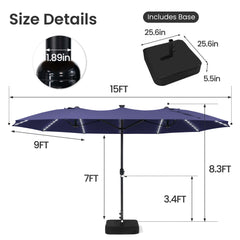 15x9 ft Aluminum Market Umbrella with Solar LED Lights