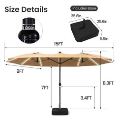 15x9 ft Aluminum Market Umbrella with Solar LED Lights