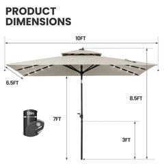 10x7 ft Aluminum Market Umbrella with Solar Lights & Double Top