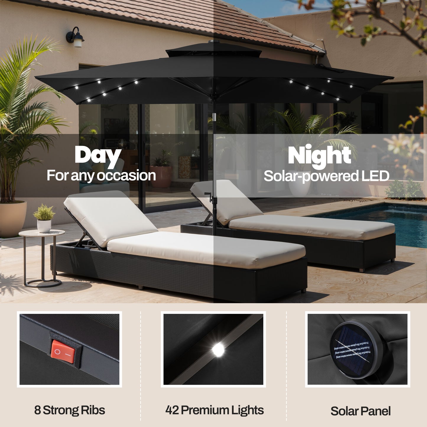 Crestlive Products 10x7ft Aluminum Double Top Rectangular Market Umbrella with Solar Lights