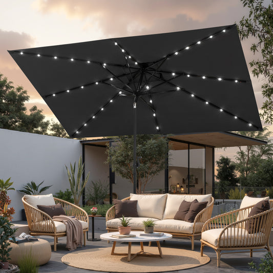 Crestlive Products 10x7ft Aluminum Double Top Rectangular Market Umbrella with Solar Lights