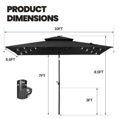 10x7 ft Aluminum Market Umbrella with Solar Lights & Double Top
