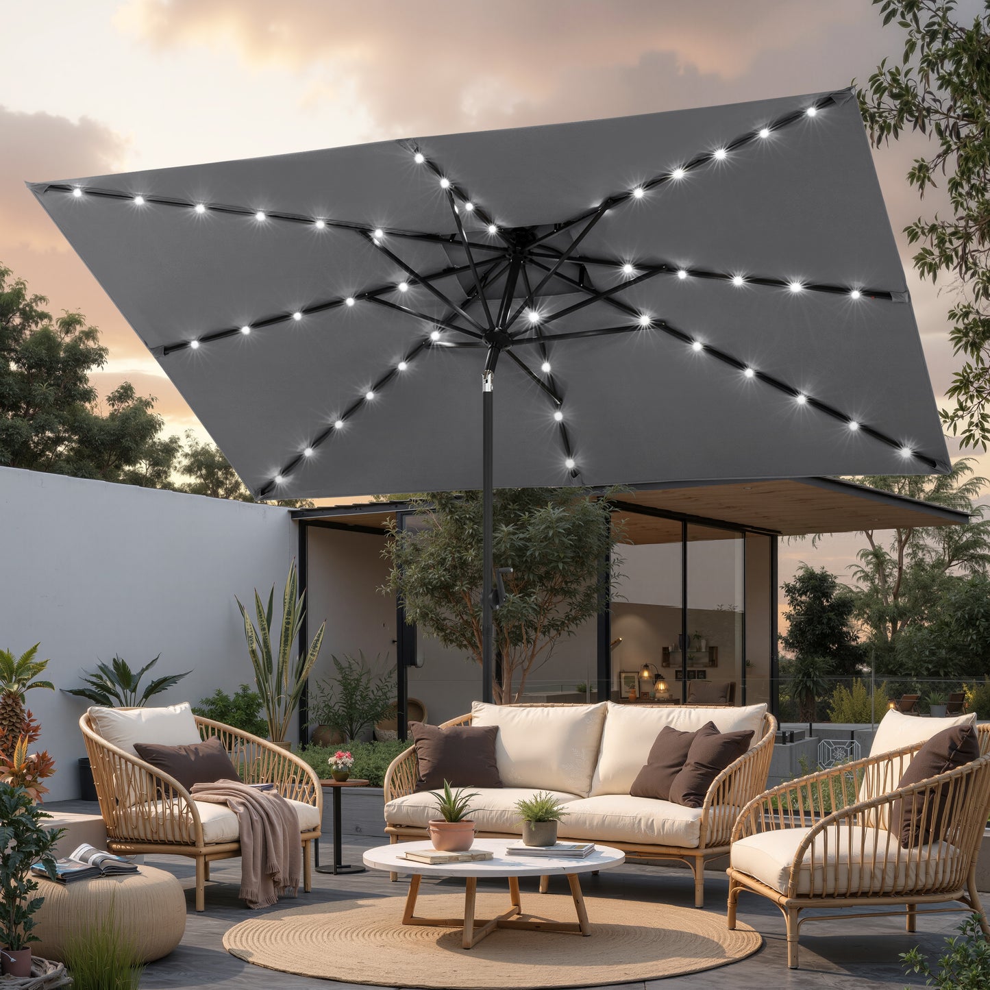 Crestlive Products 10x7ft Aluminum Double Top Rectangular Market Umbrella with Solar Lights