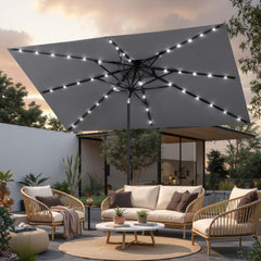 10x7 ft Aluminum Market Umbrella with Solar Lights & Double Top