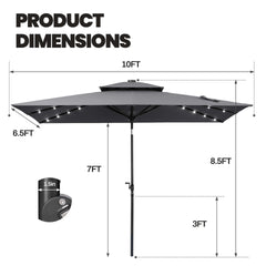 10x7 ft Aluminum Market Umbrella with Solar Lights & Double Top