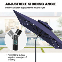 10x7 ft Aluminum Market Umbrella with Solar Lights & Double Top