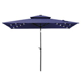 10x7 ft navy aluminum market umbrella with built-in LED solar lights, double top and 8 sturdy ribs.