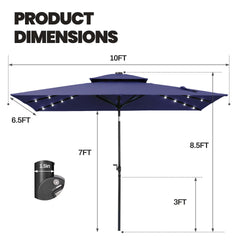 10x7 ft Aluminum Market Umbrella with Solar Lights & Double Top