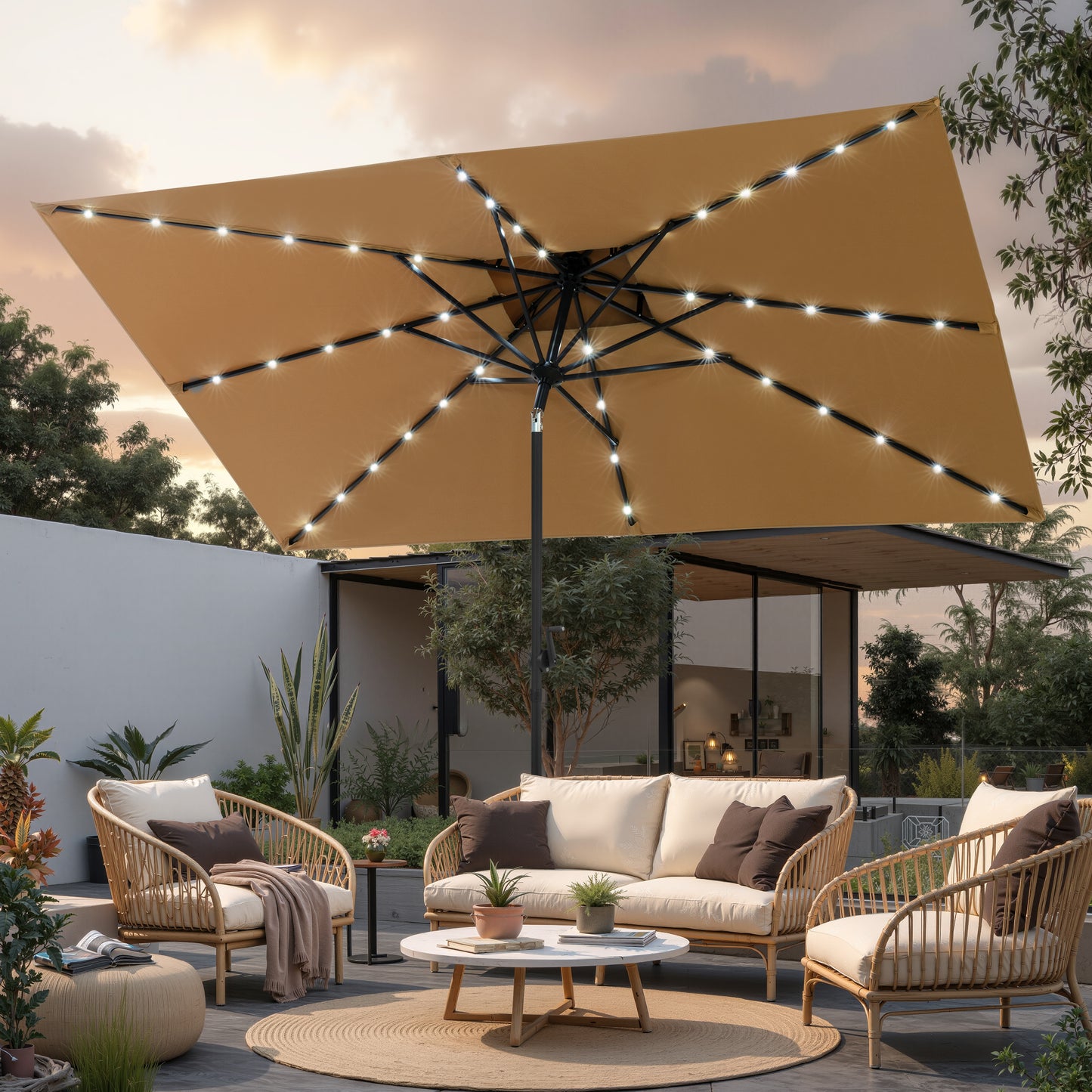 Crestlive Products 10x7ft Aluminum Double Top Rectangular Market Umbrella with Solar Lights